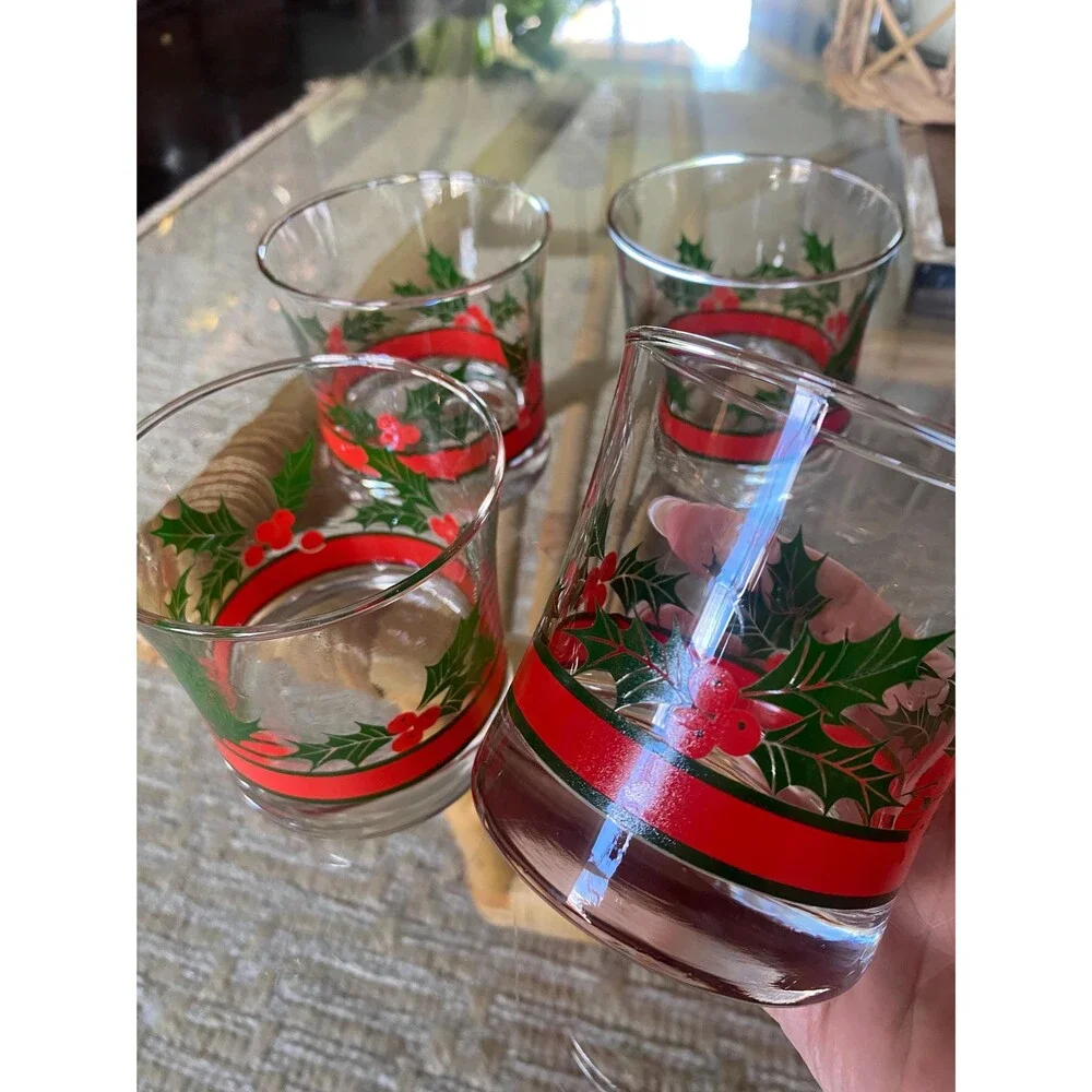 Set of 4 Libbey Holly and Berries Christmas Rocks Mai Tai Glasses